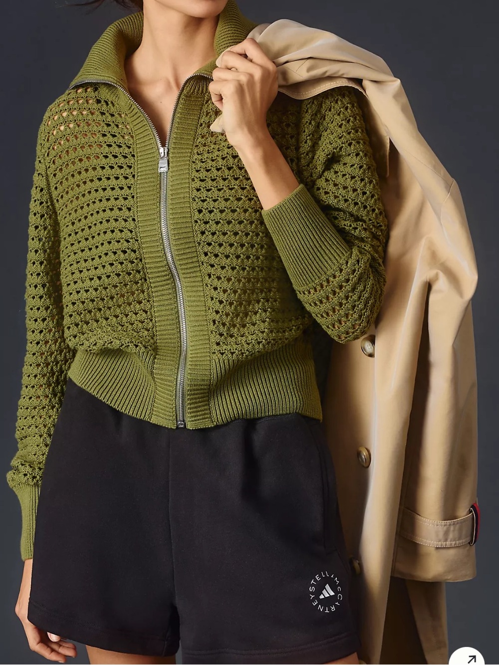 Varley Olive Green Eloise Open-Knit Zip Bomber Jacket